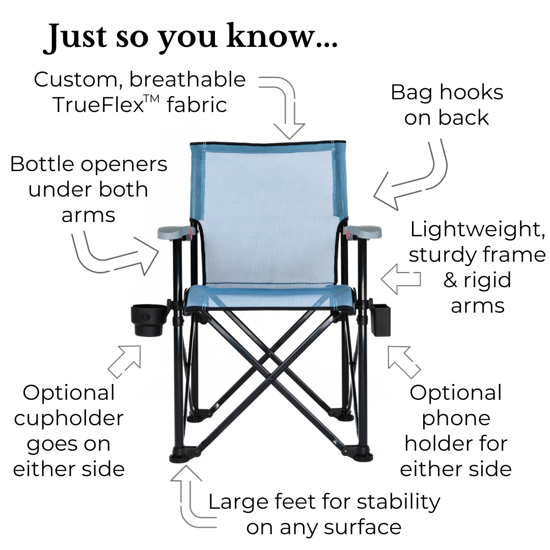 Emmett features, sturdiest camp chair, breathable fabric, bottle-openers large feet, lightweight frame rigid arms