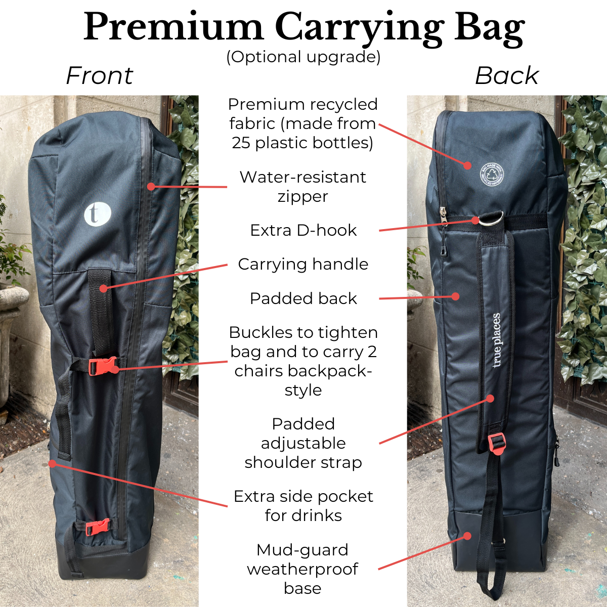 Premium Carrying Bag for the True Places Emmett Portable Chair ultimate portability and quality with premium features for the best camping chair, firepit chair, sidelines chair