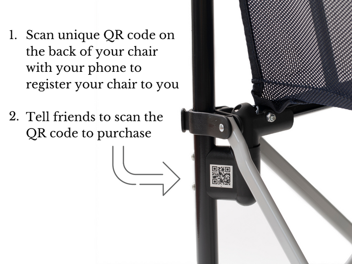 QR Code on back of True Places Emmett Folding Chair enables you to refer a friend and also mark the chair as lost